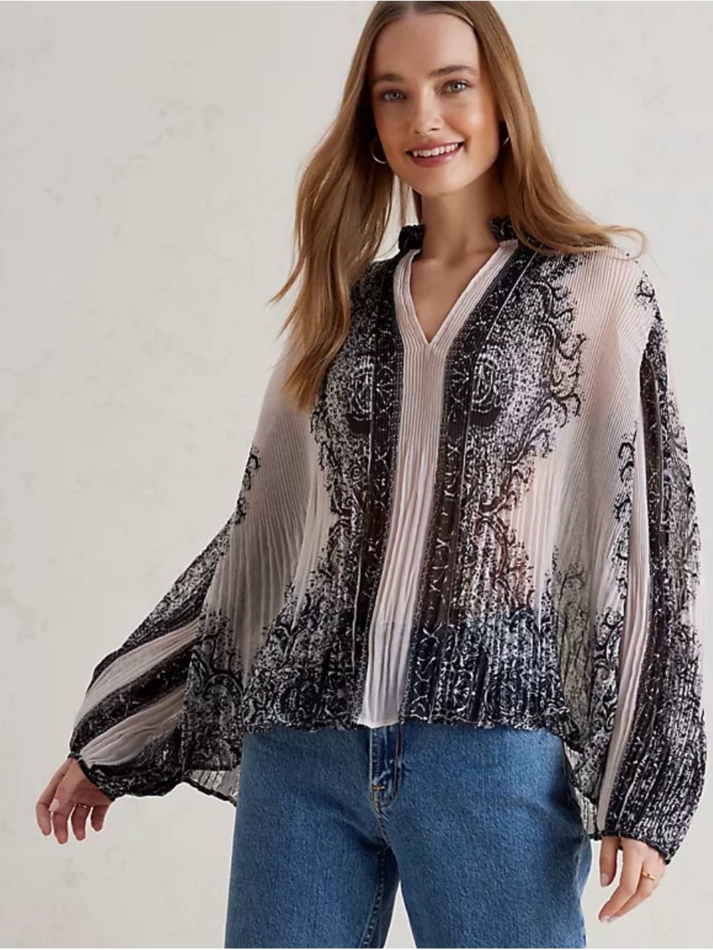 Anthropologie Beige & Black Pleated V-Neck Blouse